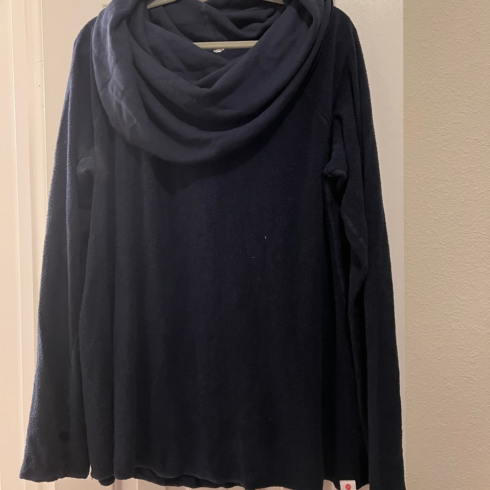 Navy fuzzy pullover with slouchy turtleneck
